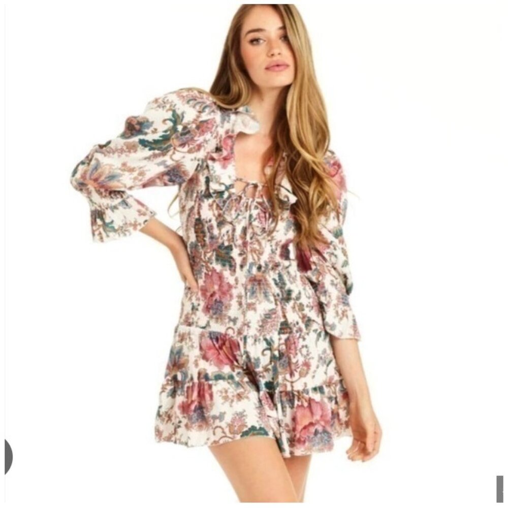 Love The Label Jasper Dress Womens Medium Multicolor Smocked Mini Boho Floral